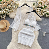 Wearing A Holiday Style Suit Female Retro Hook Hanging Neck Vest + Hollow Open Shirt + Half-Dress Three-Piece
