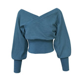 Women Knitting Sweaters V-Neck Lantern Sleeve Loose Streetwear Casual Femme Thick Warm Pullovers Knitwear