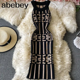 Fashion Geometry Knitted Women Dress 2022 Summer Halter Sleeveless Bodycon Dress Europe Style Ladies Office