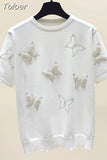 Summer Luxury Design Butterfly Nail Bead Short Sleeve Knit Sweater Korean Fashion Thin Casual Jumper Women Knitwear