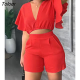 Piece Sets Womens Outifits Summer Lounge V-Neck Flutter Sleeve Crop Top & Shorts Set Fashion Multicolor Casual