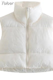 Solid Stand Collar Cropped Waistcoat Puff Vest Women Casual Sleeveless Zipper Jackets Autumn Winter Warm