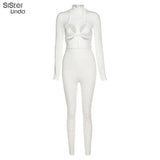 Women Sexy Bodycon Cut Out Hole Strap Bra Skinny+Jumpsuit Two Piece Outfits Casual Activewear Streetwear Female Stretch