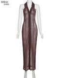Sisterlinda Stunning Elegant Mesh V-Neck Maxi Dress Women Sleeveless Button Snake Turn-Down Collar Party Clubwear Female