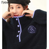 Women Fleece Sweatshirt 2022 Winter Long Sleeve Stand Collar Loose Hoodie Color Contrast Casual Streetwear