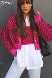 MODA 2023 Spring Autumn Women Fashion Plaid Knitted Cardigan Coat Lady Vintage Puff Long Sleeve O Neck Female Chic