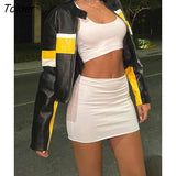 Motorcycle Contrast Stripe Print Leather PU Jackets Streetwear O Neck Jacket Zip Up Moto & Biker Women Clothes