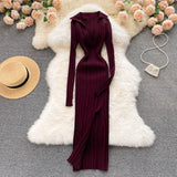 Women Korean Knitted Dress Long Sleeve V Neck Elastic Slim Pencil Dresses 2022 Autumn Sexy Bodycon Split Sweater