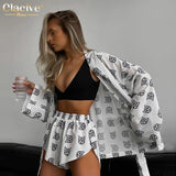 Fashion Loose Print 2 Piece Sets Womens Outfits Casual Lace-Up Long Sleeve Robes With High Waist Shorts Set