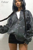 Graphic Zip Up Hoodies Women Casual Loose Hood Shirt Harajuku Streetwear Punk Long Sleeve Oversize Jacket Y2K