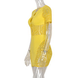 Sisterlinda Autumn Sexy See Through Bodycon Mini Dress Women Casual Street Short Sleeve Hollow Out Party Clubwaer Female