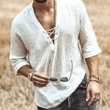 Viking Pirate Medieval Cosplay Halloween Costume Men Shirt V Neck Lace Up Vintage Shirt Half Sleeve Linen Blouse