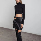 Toloer Women's Spring / Summer 2023 New Fashion Hollow-Out High Waist PU Wrap Hip Women's Skirt Women-Outfit