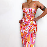 Toloer Women's Summer 2024 New Fashion Print With Open Back Strap Slim Sling Dress-Outfit