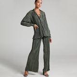 Women's Shirt Pleated Two Piece Set Loose High Waist Wide Leg Pants Suit 2022 Casual Elegant Office Ladies Female