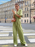 Summer Puff Sleeve Shirts Set Woman 2 Piece Casual High Waist Wide Trouser Suits Female Vintage Loose Green Pants