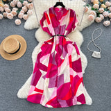 Luxury Retro V-Neck Print Dress Women's Summer French Tamped Loose Thin Long Shirt