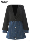 Fashion Women's Blazer Slim Notched Collar Single Breasted Fake Two Piece Denim Patchwork Jackets Summer 2023 New