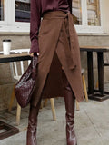 Faux Suede Lace Up Skirts A-Line Winter 2022 Women Warm High Waist Split Skirts Vintage Gray Midi Skirts Office