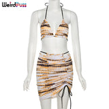 Puss Summer Beach Vacation Women 3 Piece stripe Sexy Halter Bra+Briefs+Drawstring Skirt 2021 Fashion Slim Swimsuit
