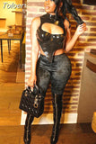 Asymmetrical Cut Out Crop Top Silver PU Leather Clubbing Strappy Open Back Halter Tight Tank Tops Summer 2023