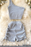 Casual Women 2 Piece Set Solid Summer Fashion One Shoulder Sleeveless Crop Top and Drawstring Shorts Workout