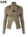 Green Irregular Hollow Out Knitting Sweater Turtleneck Long Sleeve Women Pullovers New Fashion Autumn Winter 2022