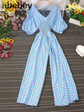 Jumpsuit Women Casual Elegant Polka Dot Puff Sleeve High Waist Chiffon Wide Leg Playsuit Female Rompers