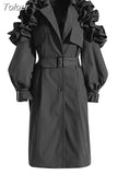 Frill Trim Windbreaker For Women Lapel Long Sleeve Solid Minimalsit Elegant Trench Coats Female Fashion Clothing New