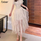 Dress Women 2023 Summer Hook Flower Hollow Lace Elegant Dress Women Clothing High Waist O Neck Runway Vestido