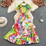 Bohemian Tie Dye Beach Long Dress Women Sexy Short Sleeve High Waist A-Line Big Swing Party Maxi Vestidos Female 2022 Summer