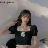 Sweet Blouses Women Patchwork Lace Off Shoulder Backless Shirts Crop Tops Chic Folds Puff Sleeve Sexy Y2k Blusas
