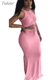 Orange Ruched Drawstring Sleeveless Tank Top and High Waist Mermaid Maxi Skirt for Women Elegant Body-shaped Two Pcs