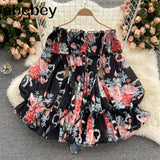 Women Off Shoulder Strap Dress Slash Neck Puff Sleeve Wide Leg Jumpsuits Summer Bohemian Print Vacation Short