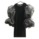 Women Black Big Size Velour Dress New Round Neck Organza Puff Sleeve Loose Fit Fashion Tide Spring Autumn 2023