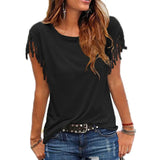 Short Sleeve Tassel Fashion T-shirt Woman Simple Crew Neck Basic Tops 2021 New Leisure Ladies Streetwear Solid