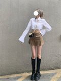 Pleated Micro Skirt Women Korean Fashion Casual Button Pocket Patchwork High Waist A-line Sexy Mini Skirt