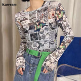 Vintage Comic Movie Print T Shirt Long Sleeve Mesh Tops Women Y2k Streetwear Sexy See Through Thin Soft Tee