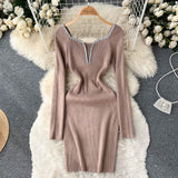 Retro Bodycon Knitted Dress Temperamant Long Sleeve Slim Sweater Dress Square Collar Women Winter Short Knit