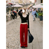 Luth's Same Red Tight-Fitting Broad-Legged Casual Pants Woman In The Fall Of The Retro Loose Straight