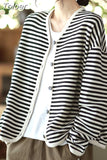 Women Fashion Knitting Cardigans Stripe Casual V-Neck Long Sleeve Designer Harajuku Daily Single Breasted