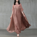 ZANZEA 2022 Vintage Summer Maxi Dress Women's Pleated Sundress Half Sleeve Long Vestidos Female Casual O Neck Robe