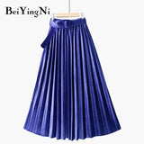 Autumn Winter Skirt Women With Belt Long Metallic Silver Maxi Pleated Skirt Midi High Waist Fashion Vintage Saia