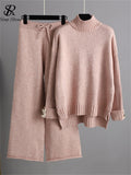 Winter Women Loose Sweater Sets Turtleneck Warm Sweater Top+Wide Leg Long Pants Women Casual Knitted Two Pieces