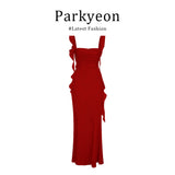 Holiday Style Temperament Sexy Irregular Dress Red Ribbon Bag Hip