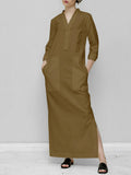 Summer Dresses Women 2022 Casual Fashion Simple Solid Color V-neck Pocket Pullover Cotton Linen Dress Loose Long Dress