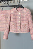 Fragrance Vintage Tweed Two Piece Set Women Crop Top Woolen Short Jacket Coat + Mini Skirts Sets Pink Two Piece