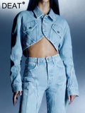 Fashion Women's Short Denim Jackets New Lapel Long Sleeve Pocket Single Breasted Solid Coat Female Autumn 2023