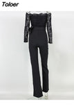 Women Elegant Jumpsuit One Shoulder Spaghetti Straps Solid Color Lace Open Back OnePiece Wide-leg Jumpsuits Long