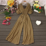 Jumpsuit Women Casual Elegant Polka Dot Puff Sleeve High Waist Chiffon Wide Leg Playsuit Female Rompers